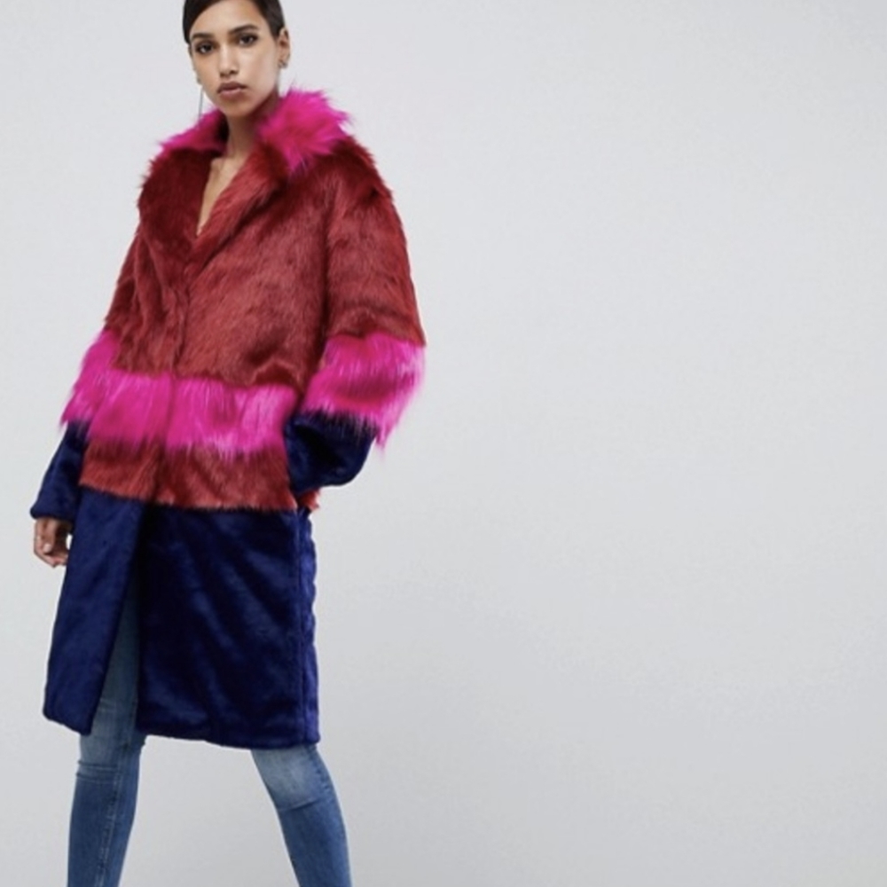 ASOS • Color Block Faux Fur Coat Size 4 - Picture 3 of 8